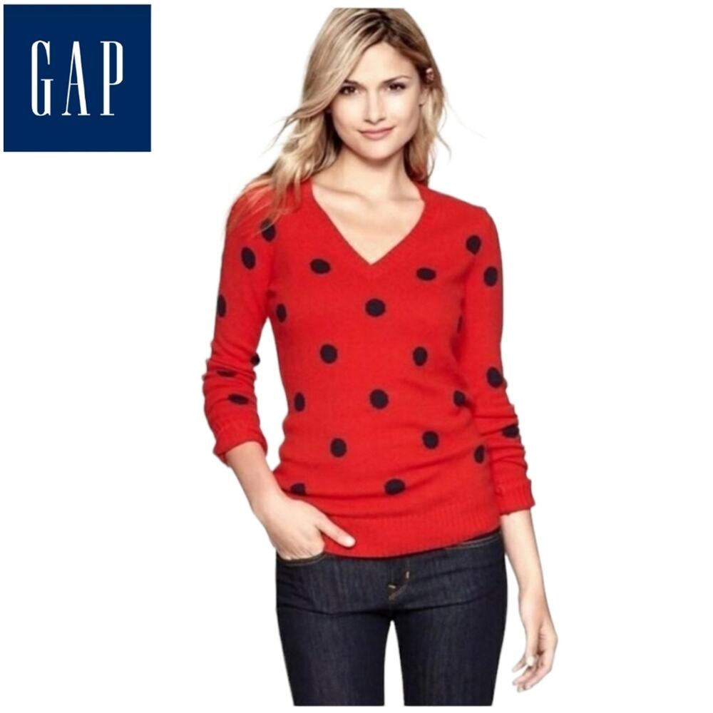 Gap V-neck Red Sweater Navy Blue Polka Dots Wool Blend Size XS